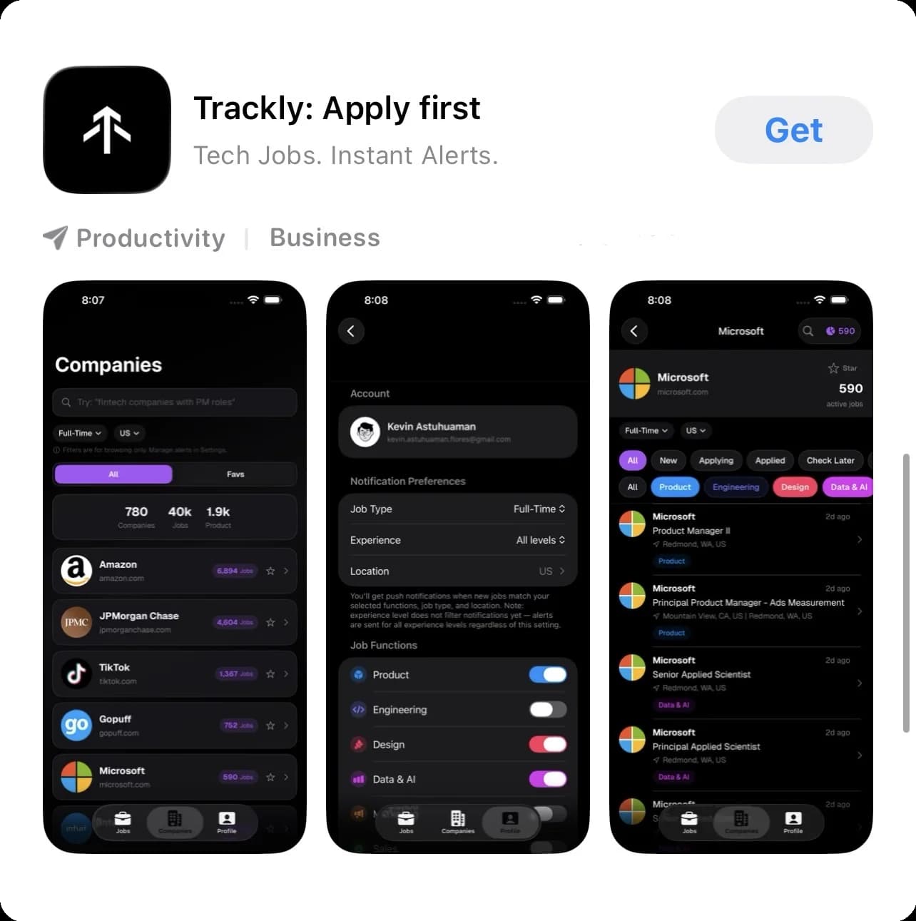 Trackly on the App Store: Companies, Preferences, and Job Feed views
