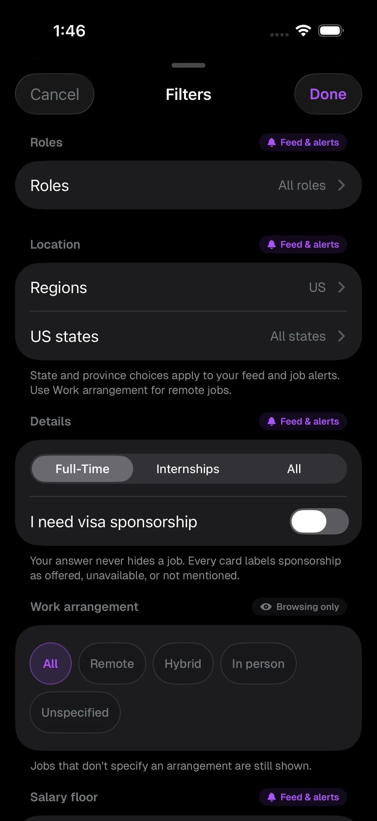 Trackly for iPhone showing job search filters