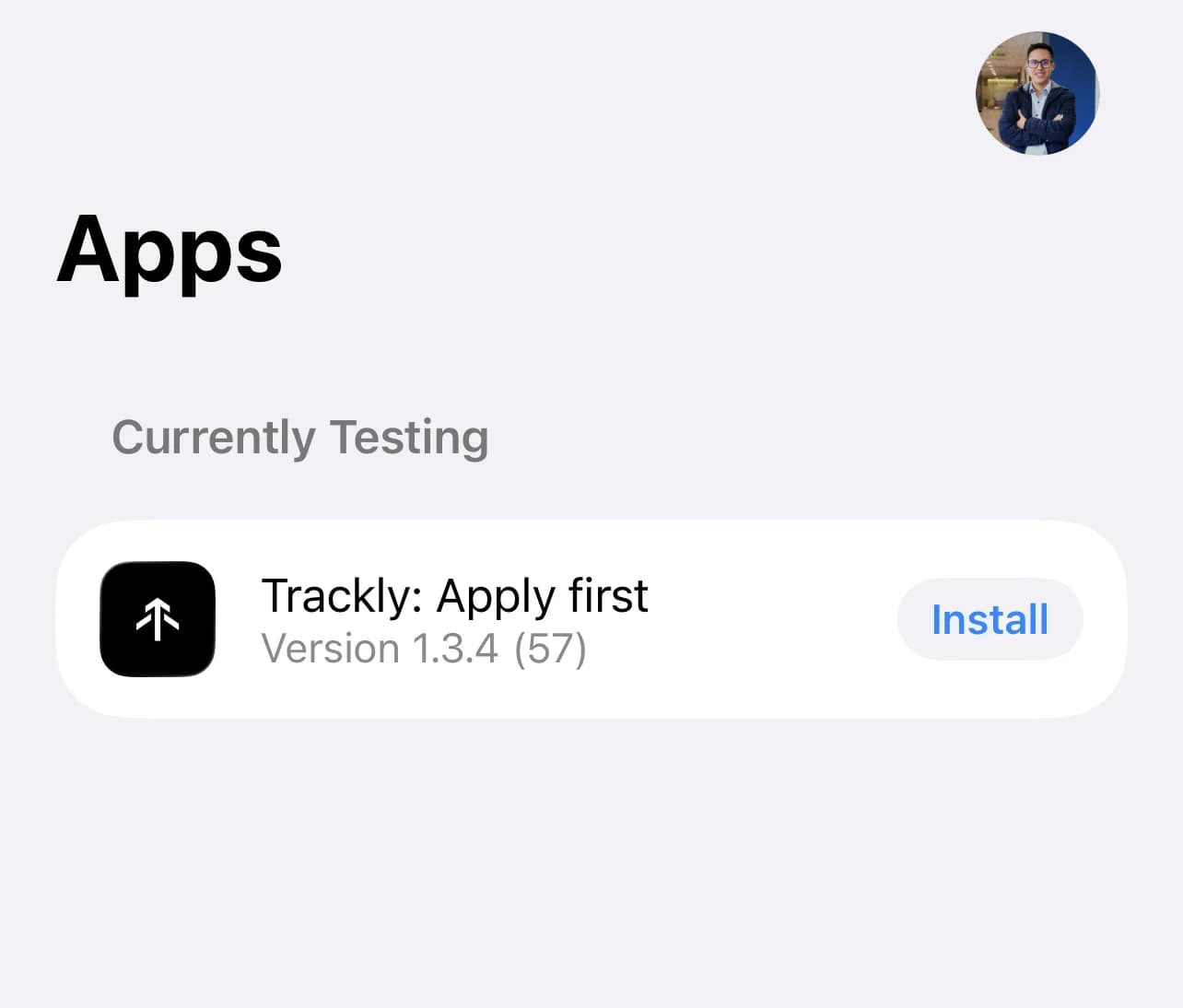 Trackly on iOS TestFlight: Currently Testing, version 1.3.4 build 57