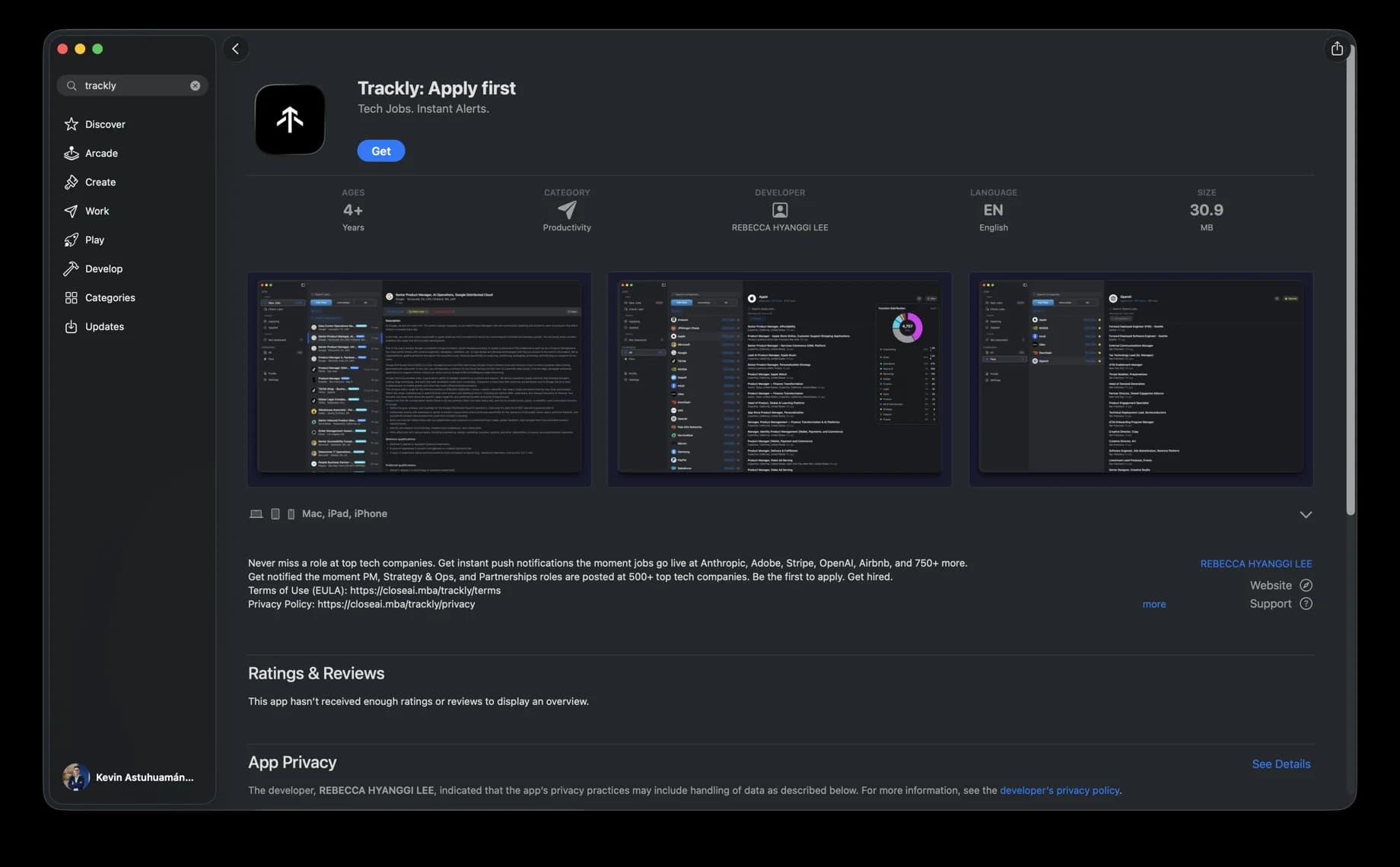 Trackly for macOS on the App Store: dark-themed job tracking interface with company logos and match scores
