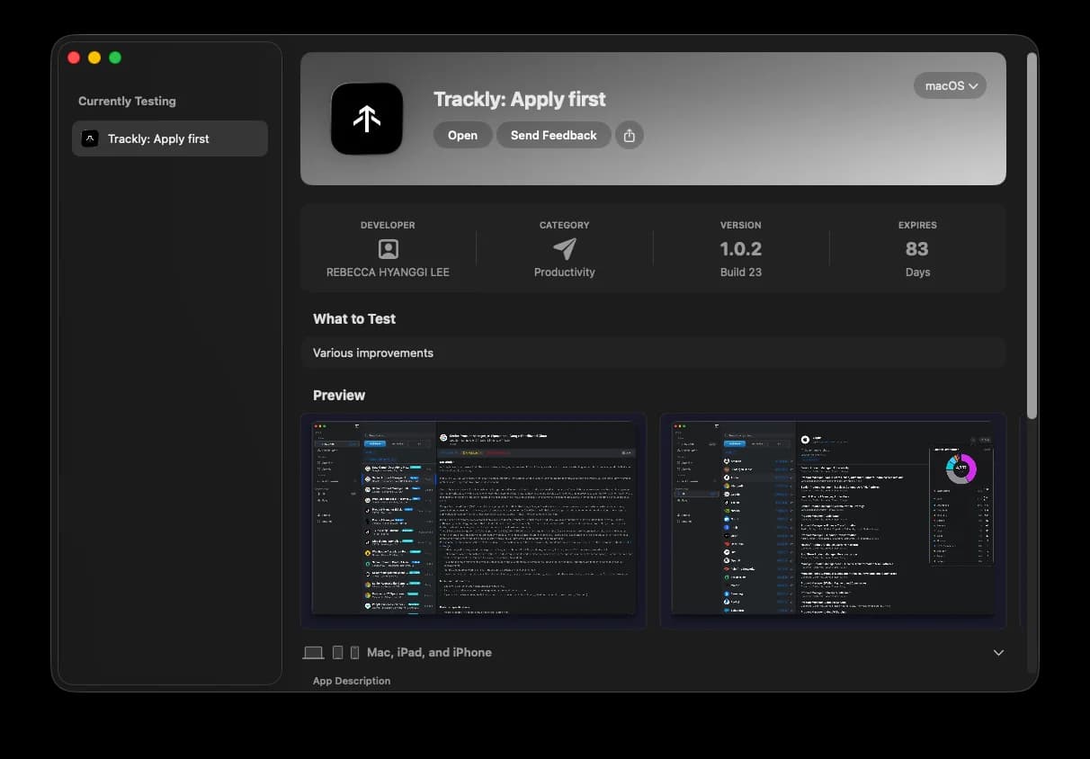 Trackly for macOS on TestFlight: beta testing with build details and testing notes