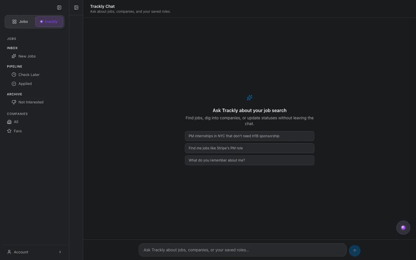Trackly Web chat ready for questions about jobs and companies