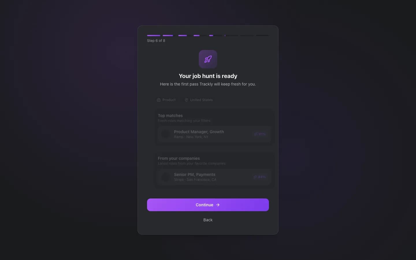 Trackly Web onboarding with company and alert preferences