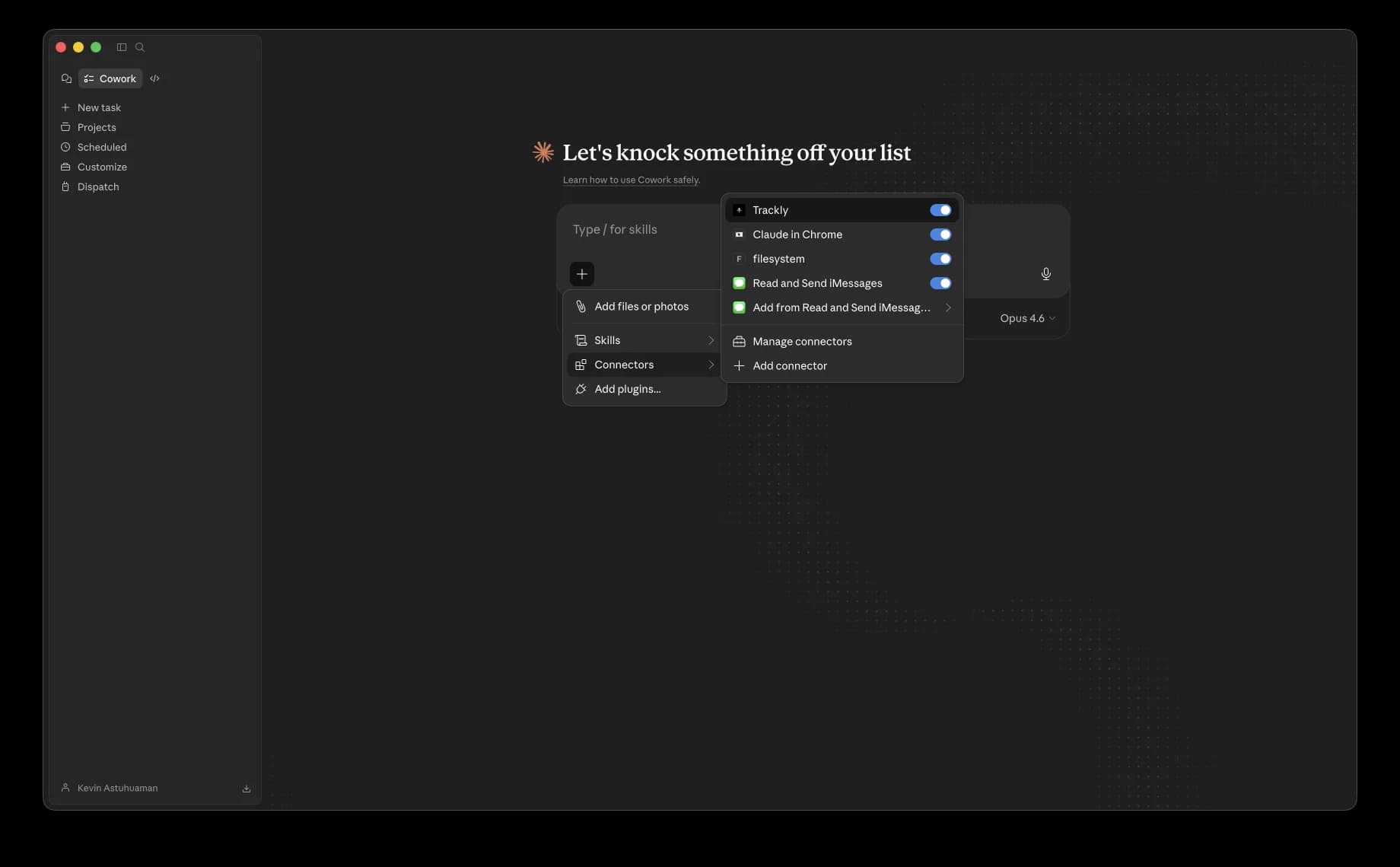 Co-Work task interface with the Connectors menu showing Trackly toggled on