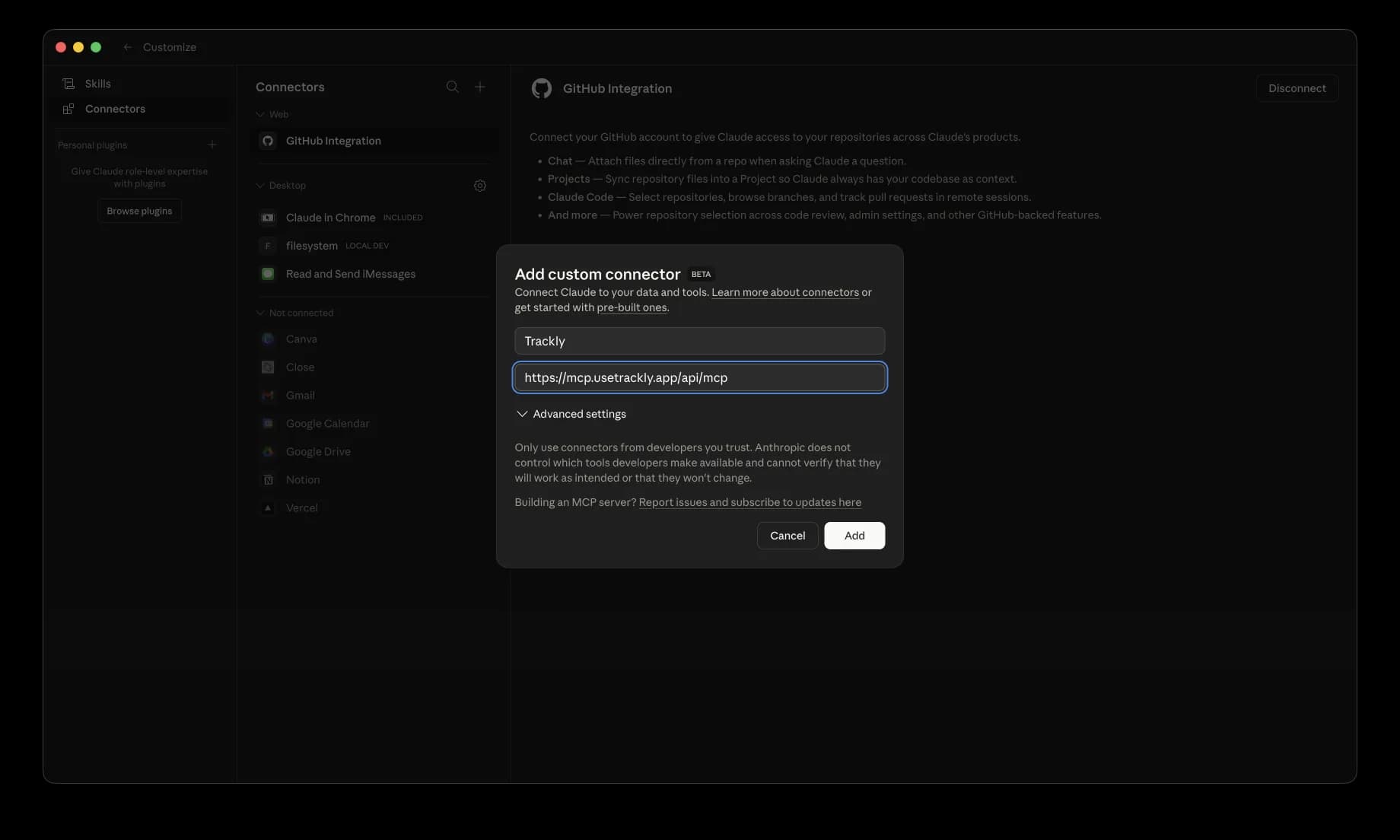 Add custom connector dialog with Trackly name and https://mcp.usetrackly.app/api/mcp URL filled in