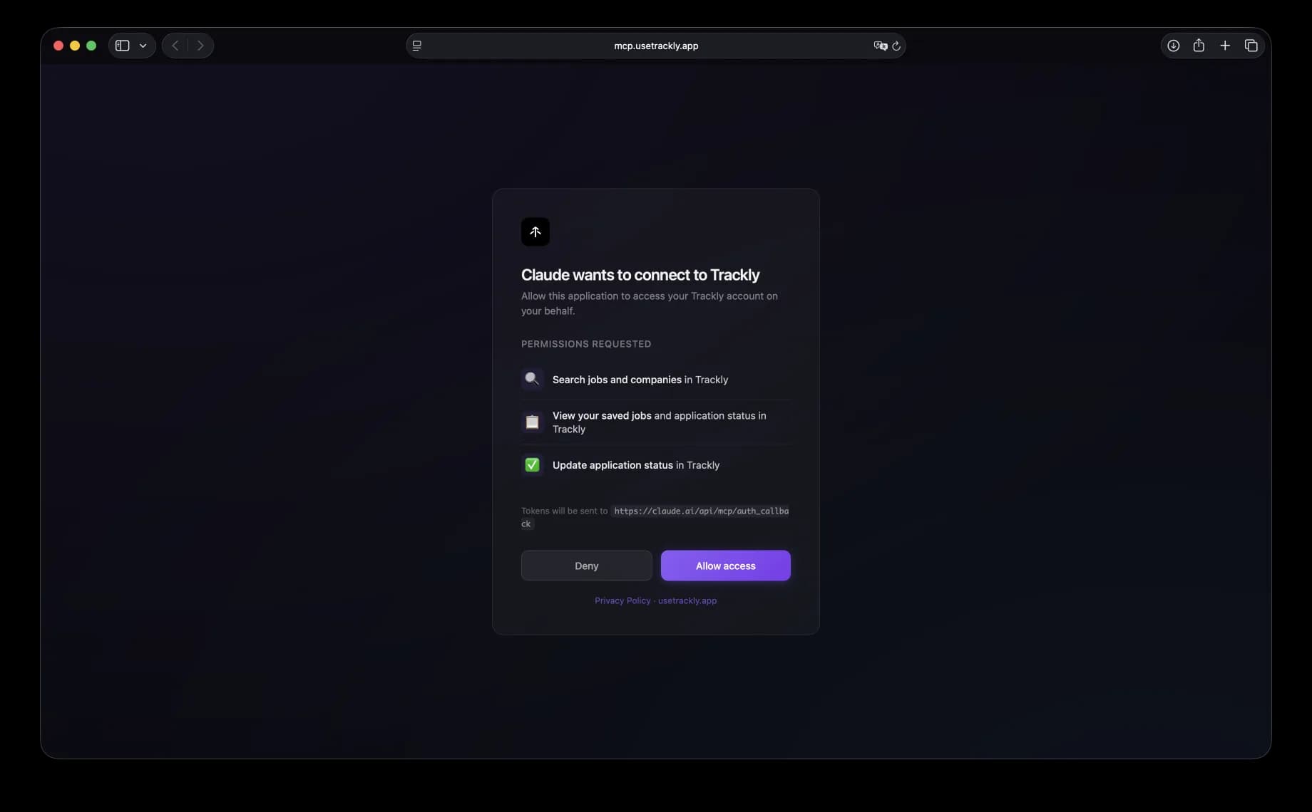 Trackly consent page: Claude wants to connect to Trackly, with permissions for searching jobs, viewing saved jobs, and updating application status