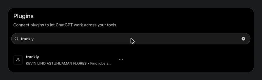 ChatGPT's Plugins page with trackly typed in the search box and the trackly plugin as the result