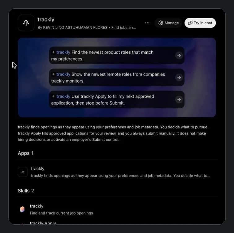 trackly's plugin page in ChatGPT, with example prompts, a description, the trackly app and two skills: trackly and trackly Apply