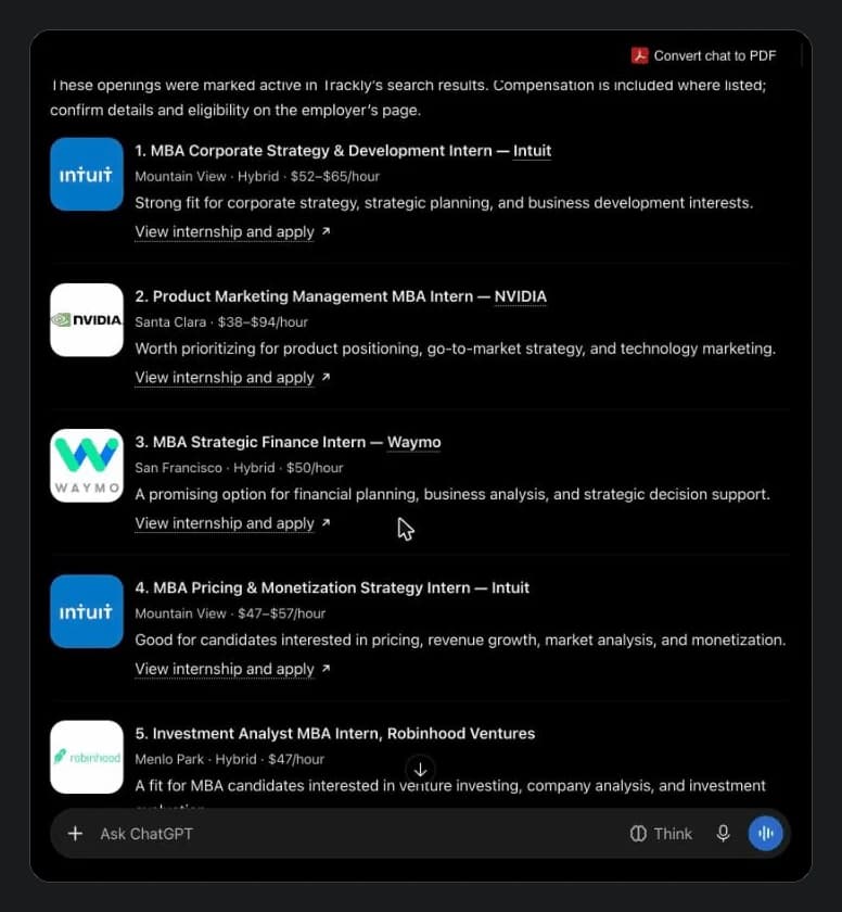 ChatGPT's answer listing MBA internships in California as cards: Intuit corporate strategy, NVIDIA product marketing, Waymo strategic finance, Intuit pricing and Robinhood Ventures, each with location, pay and a View internship and apply link