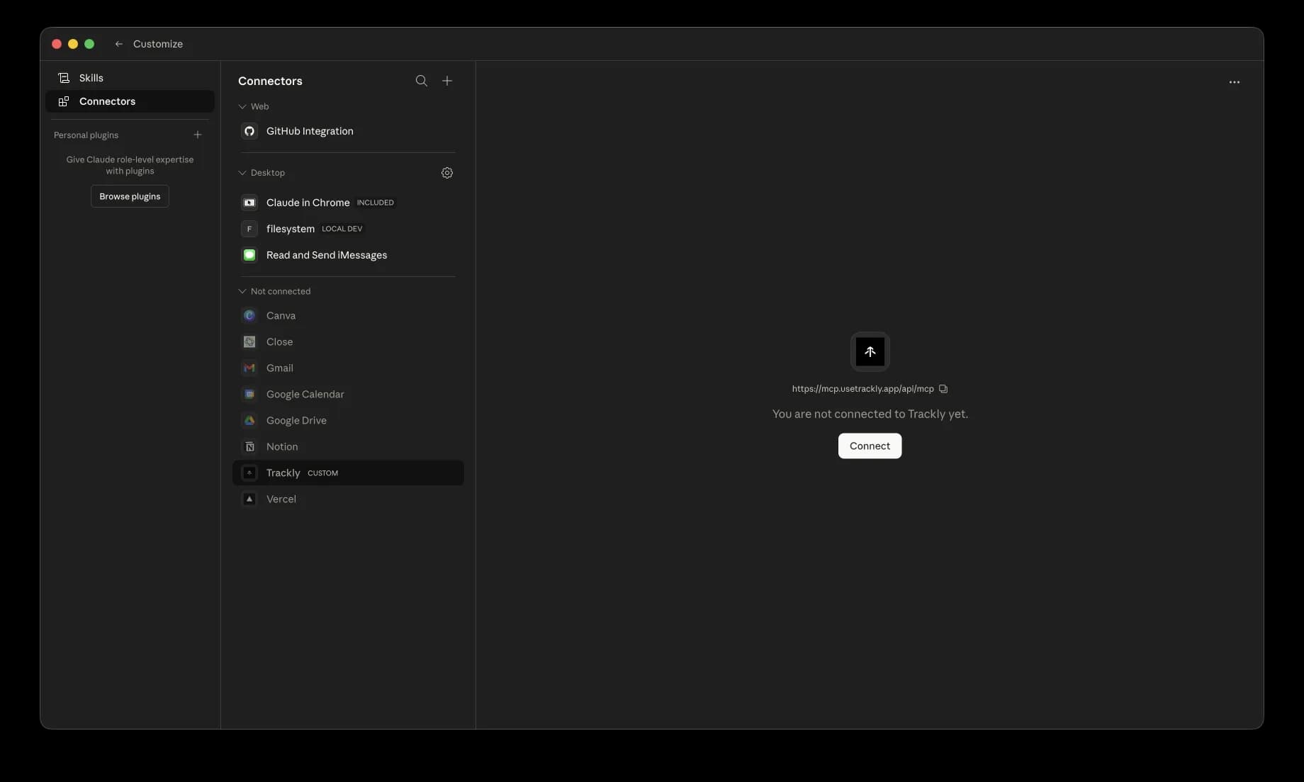 Connectors list with Trackly under Not connected, detail pane showing the MCP URL and a Connect button