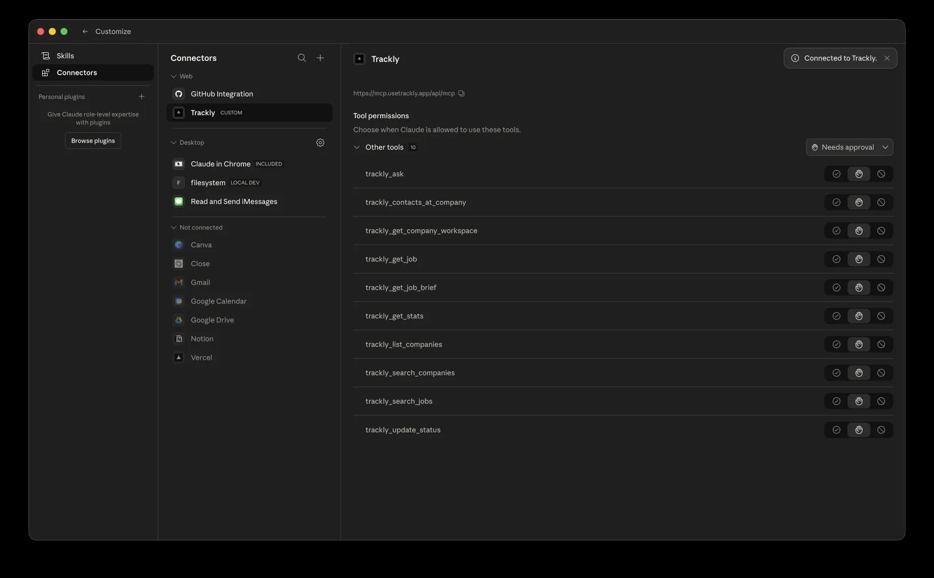 Connected to Trackly badge in the top right, with all 10 tools listed in the tool permissions panel: trackly_ask, trackly_contacts_at_company, trackly_get_company_workspace, trackly_get_job, trackly_get_job_brief, trackly_get_stats, trackly_list_companies, trackly_search_companies, trackly_search_jobs, trackly_update_status