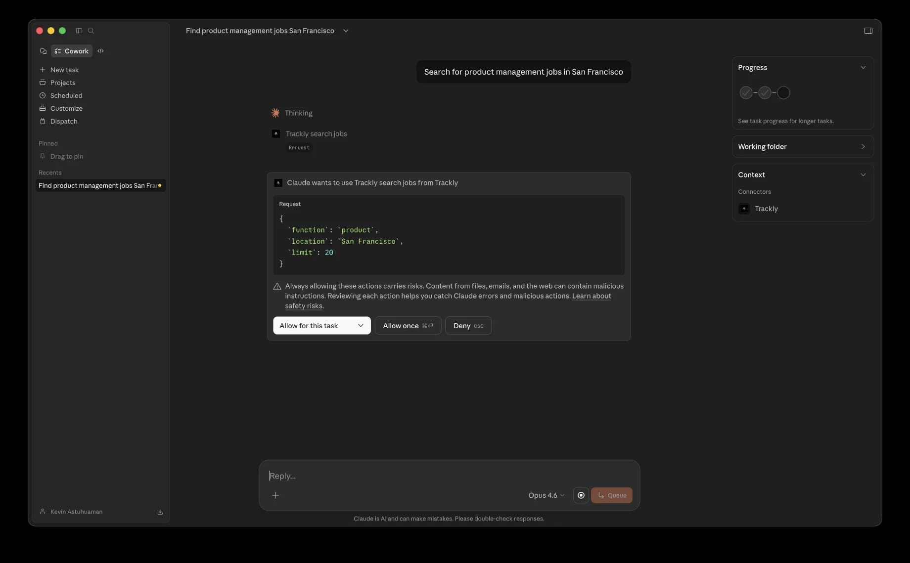 Active Co-Work task searching for product management jobs in San Francisco, showing the trackly_search_jobs tool request with function, location, and limit parameters, and Allow for this task / Allow once / Deny buttons
