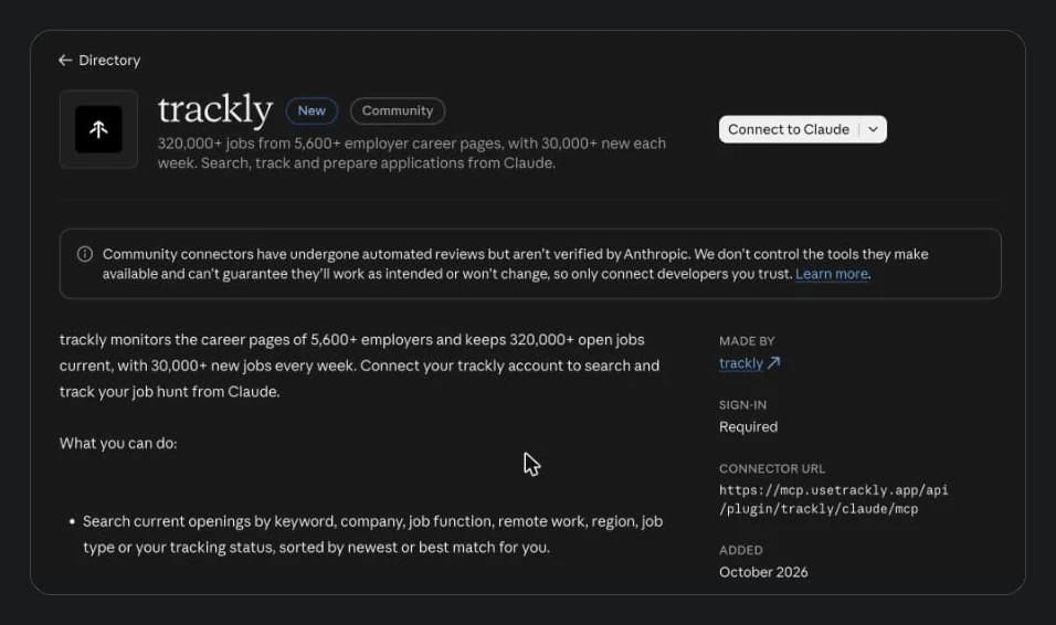 trackly's listing in Claude's connector directory: New and Community labels, the Connect to Claude button, made by trackly, sign-in required