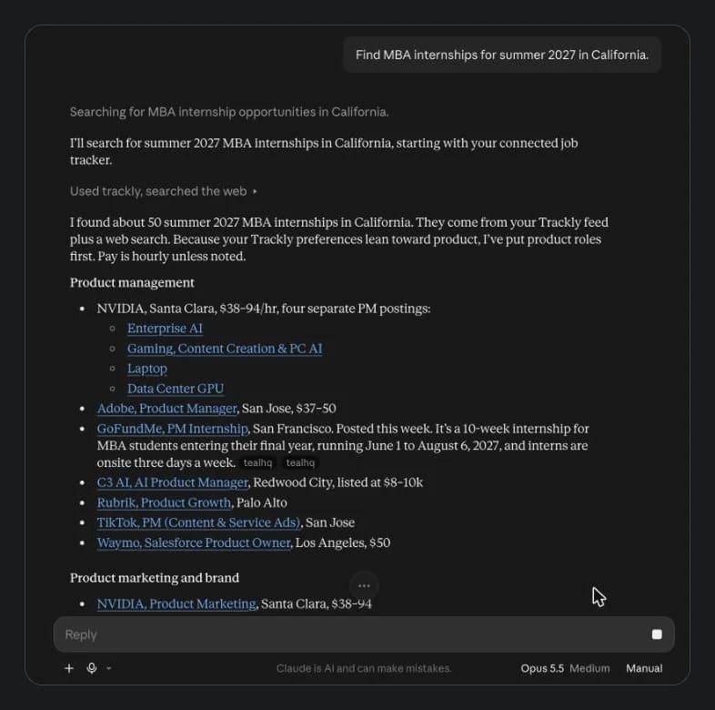 Claude's answer: about 50 summer 2027 MBA internships in California, with product management roles at NVIDIA, Adobe, GoFundMe, C3 AI, Rubrik, TikTok and Waymo