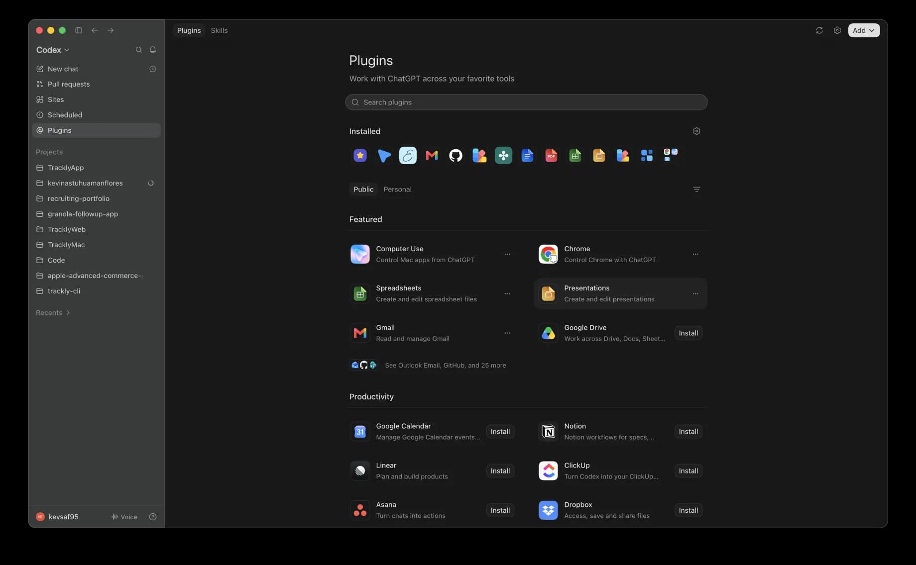 Codex Plugins marketplace with featured plugin cards