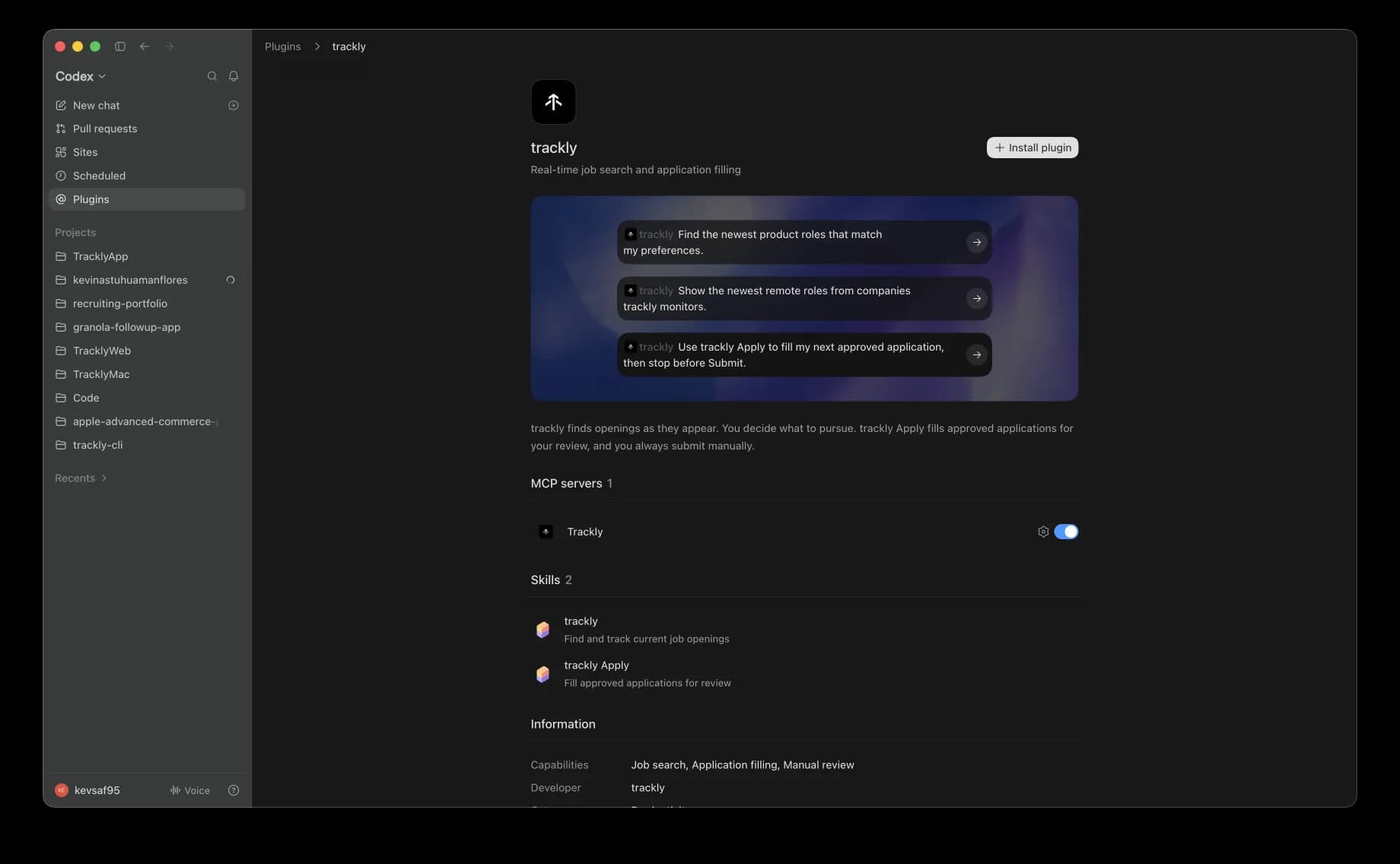 Trackly plugin detail showing one MCP server and two skills