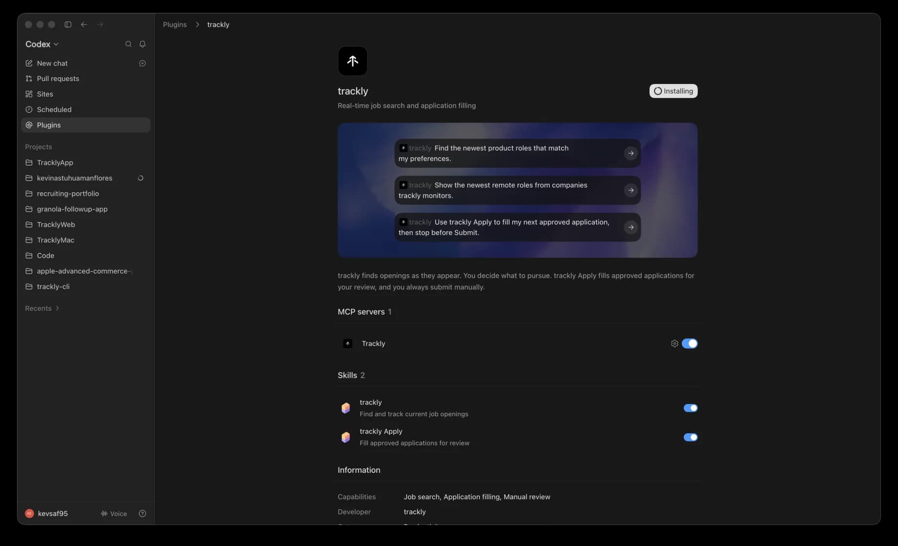 Trackly plugin detail with the Install action in progress