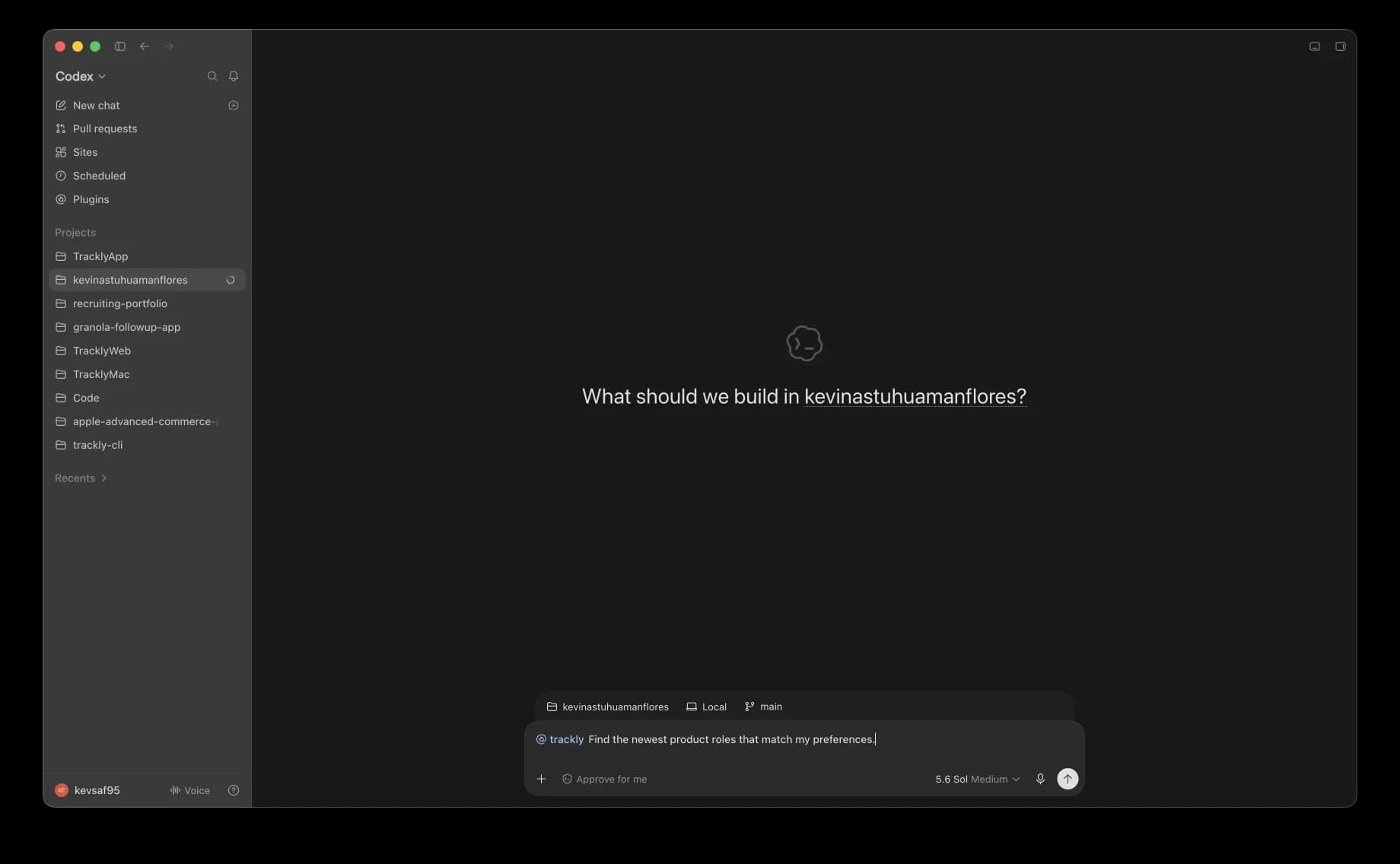 Codex composer with the first @trackly prompt entered