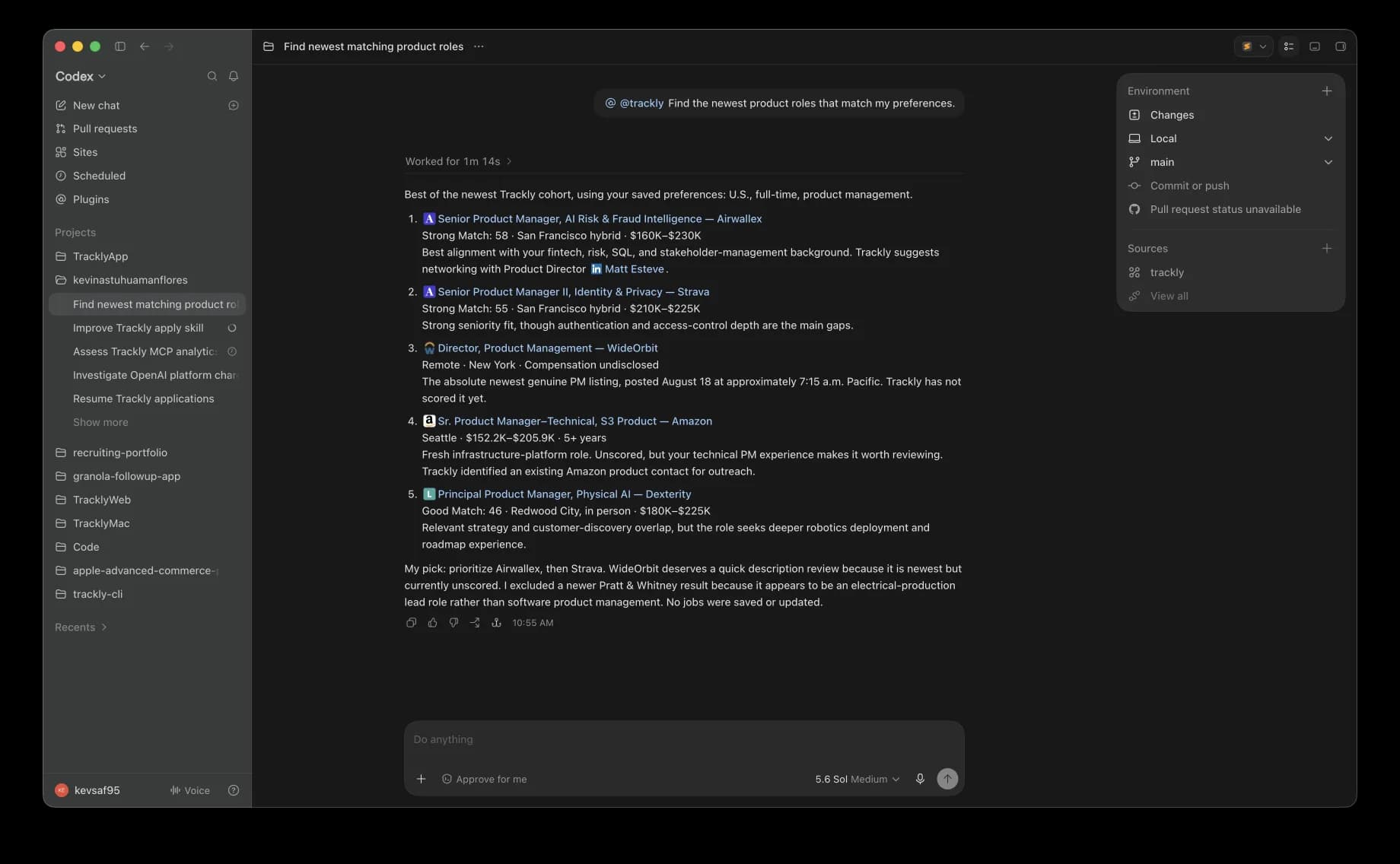 Codex conversation showing matched Trackly product roles
