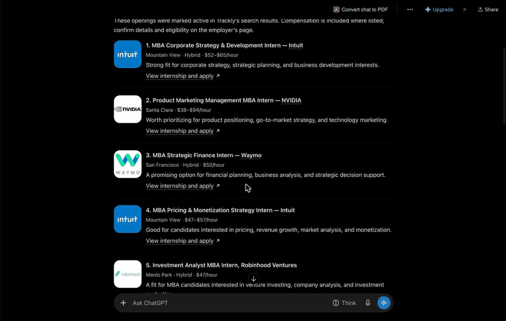 Recording of ChatGPT: searching Plugins for trackly, opening its listing, asking trackly for MBA internships for summer 2027 in California, and ChatGPT showing internship cards from Intuit, NVIDIA and Waymo
