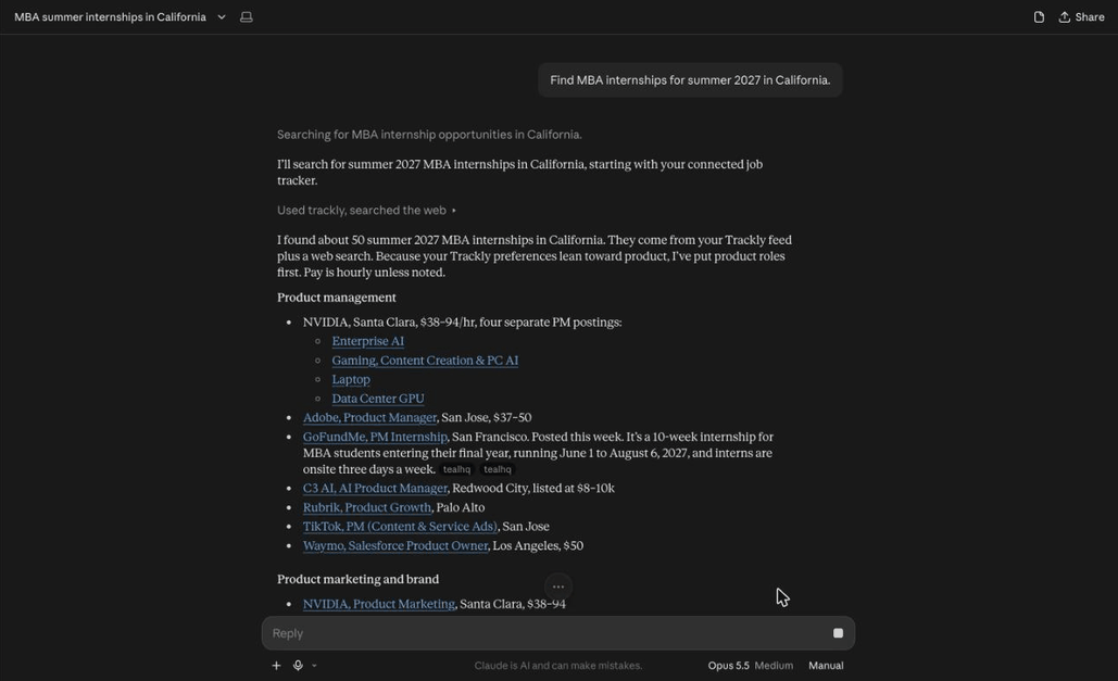 Recording of Claude using trackly: the user asks for MBA internships for summer 2027 in California, trackly searches live jobs, and Claude lists about 50 internships at NVIDIA, Adobe, GoFundMe and others